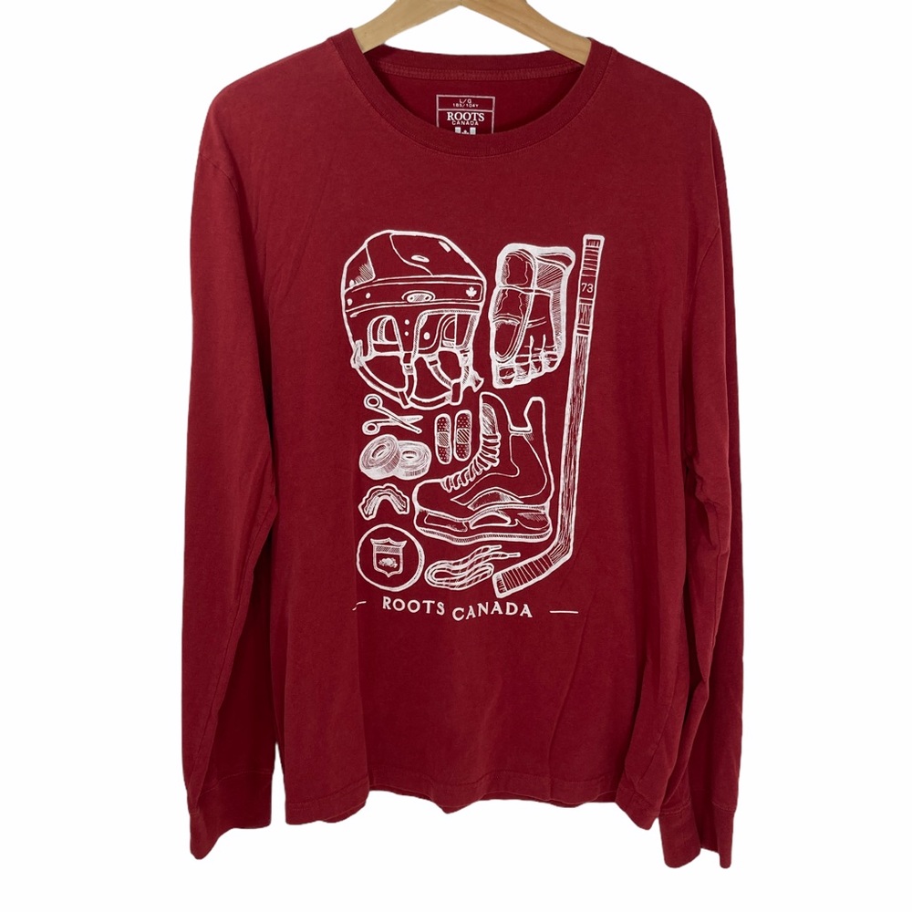 Roots Canada Hockey Long Sleeve Graphic Tee Red White Cotton T-shirt Men’s Large